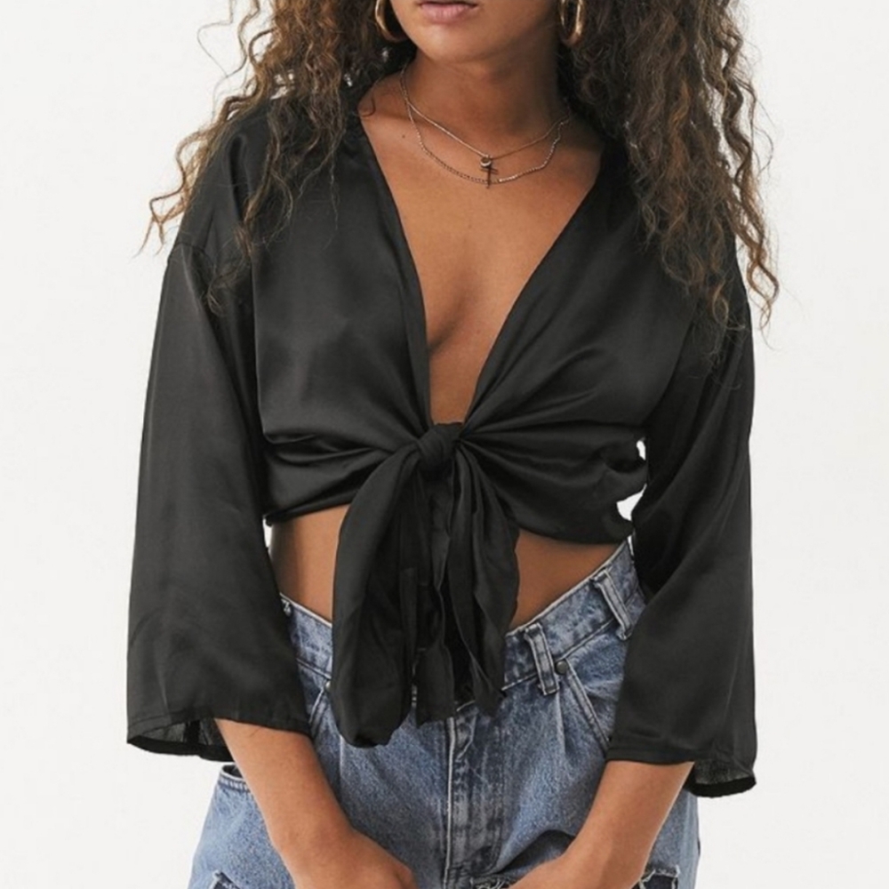 Urban Outfitters Black Satin Tie Front Nicole Blouse Flare Sleeve Deep V Size S - Picture 1 of 14